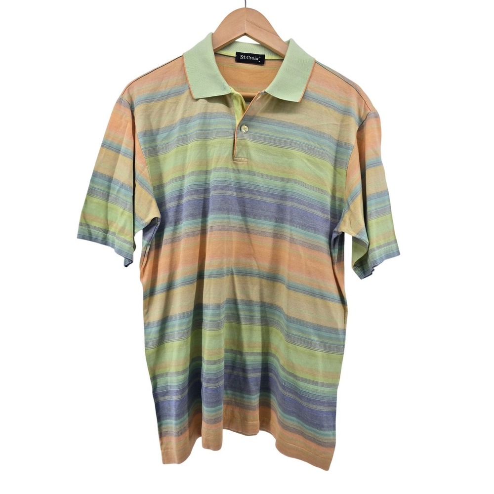 St. Croix Polo Shirt Mens M Striped Green Orange Blue Short Sleeve EUC